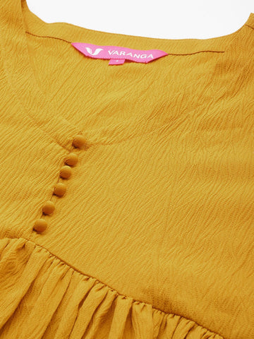 Mustard Empire Gathered Details Anarkali Kurta Paired With Printed Bottom And Dupatta